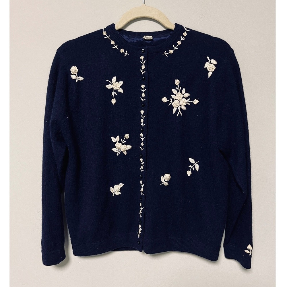 Vintage Floral Embroidered Cardigan Women 44 M L Navy Blue Fair Condition